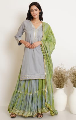 GREY LIME GREEN TIE DYE GHARARA AND DUPATTA SET OF 3-S