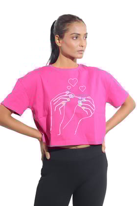 Kinnko Premium Cotton Womens Magenta Printed Crop T-Shirt
