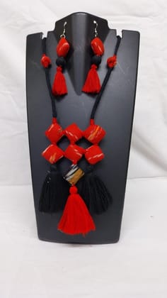 7 Square Necklace - Red and Black Adjustable Tassel Beaded Jewelry