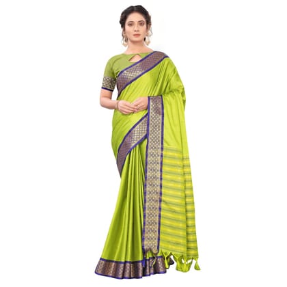 Generic Women's Cotton Silk  Saree with Blouse (Parrot Green, 5 - 6 Mtrs)