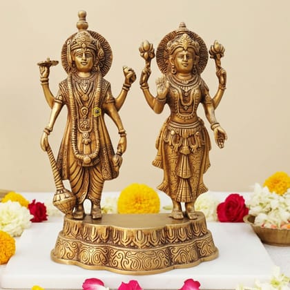 Brass Vishnu & Laxmi Ji God Idol - Premium Divine Statue Set, Height : 13 Inch (BSMAS1392 L)