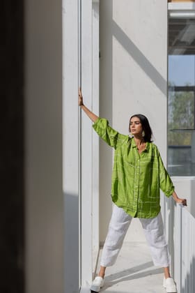 Terra Green Bandhej Silk Shirt-S