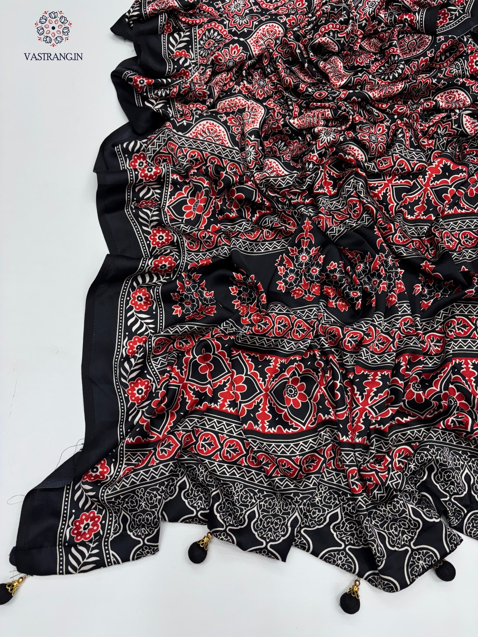 New Festive Wear Black n Red Pure Satin Silk Ajrak Printed Rich Pallu n Tussles Work Fancy Designer Saree