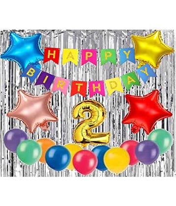 Kiran Enterprises Happy Birthday Banner ( Multi ) + 4 pc. Foil Star ( Multi ) +2 Number Foil ( Gold ) + 2 Fringe Curtain ( Silver ) + 30 Metallic Balloon ( Multi )