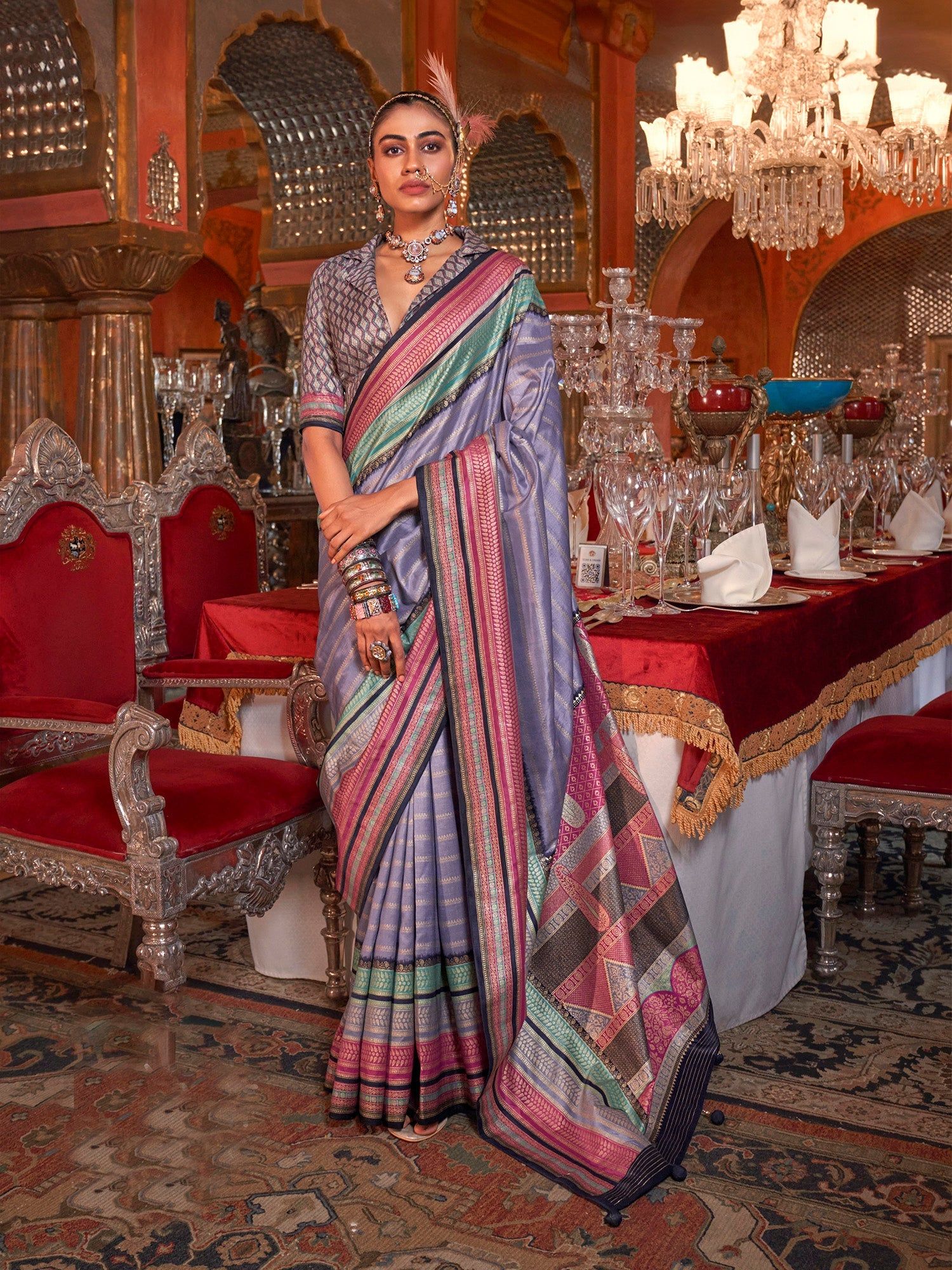 Lavender Soft Silk Stripped Patola Saree For Women