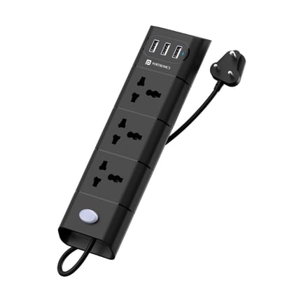 Portronics Power Plate II Extension Board - 1500W - 3 USB Ports, 3 Power Sockets, Overload Protection, Eco-Friendly, 2M Cord Length (Black)