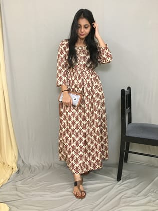Cream Maroon Flower - Maternity Kurti with Feeding Zips- Cotton Cambric-36 - 38 ( S - M )