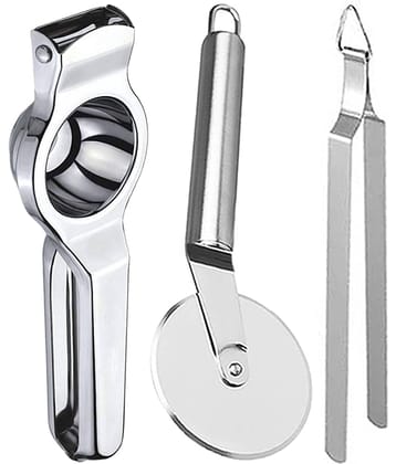 JISUN - Silver Stainless Steel Lemon Squeezer & Pizza Cutter & Roti Chimta ( Set of 3 )