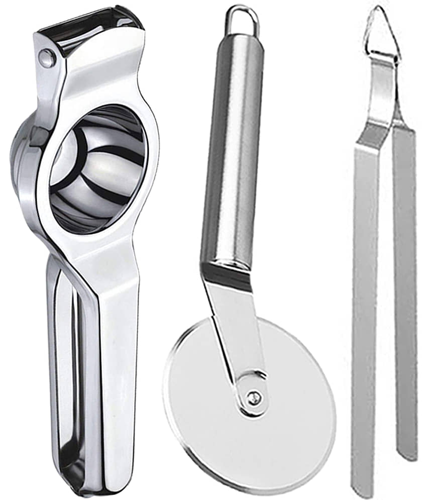 JISUN - Silver Stainless Steel Lemon Squeezer & Pizza Cutter & Roti Chimta ( Set of 3 )