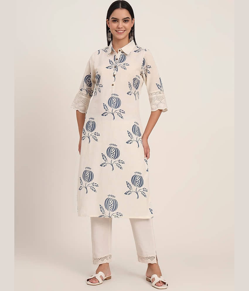 Divena Women Cotton Printed A-line Kurti ( Off White )