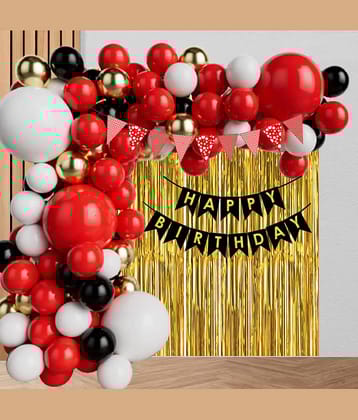 Happy Birthday Banner ( Black ) + 30 Pc Balloon ( Red, Black, Gold , White ) + 1 Pc Bunting Flag ( Red ) + 2 Pc Fringe ( Golden ) + 1 Pc Ribbon