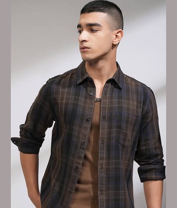 Highlander Cotton Blend Slim Fit Checks Full Sleeves Men's Casual Shirt - Brown ( Pack of 1 )