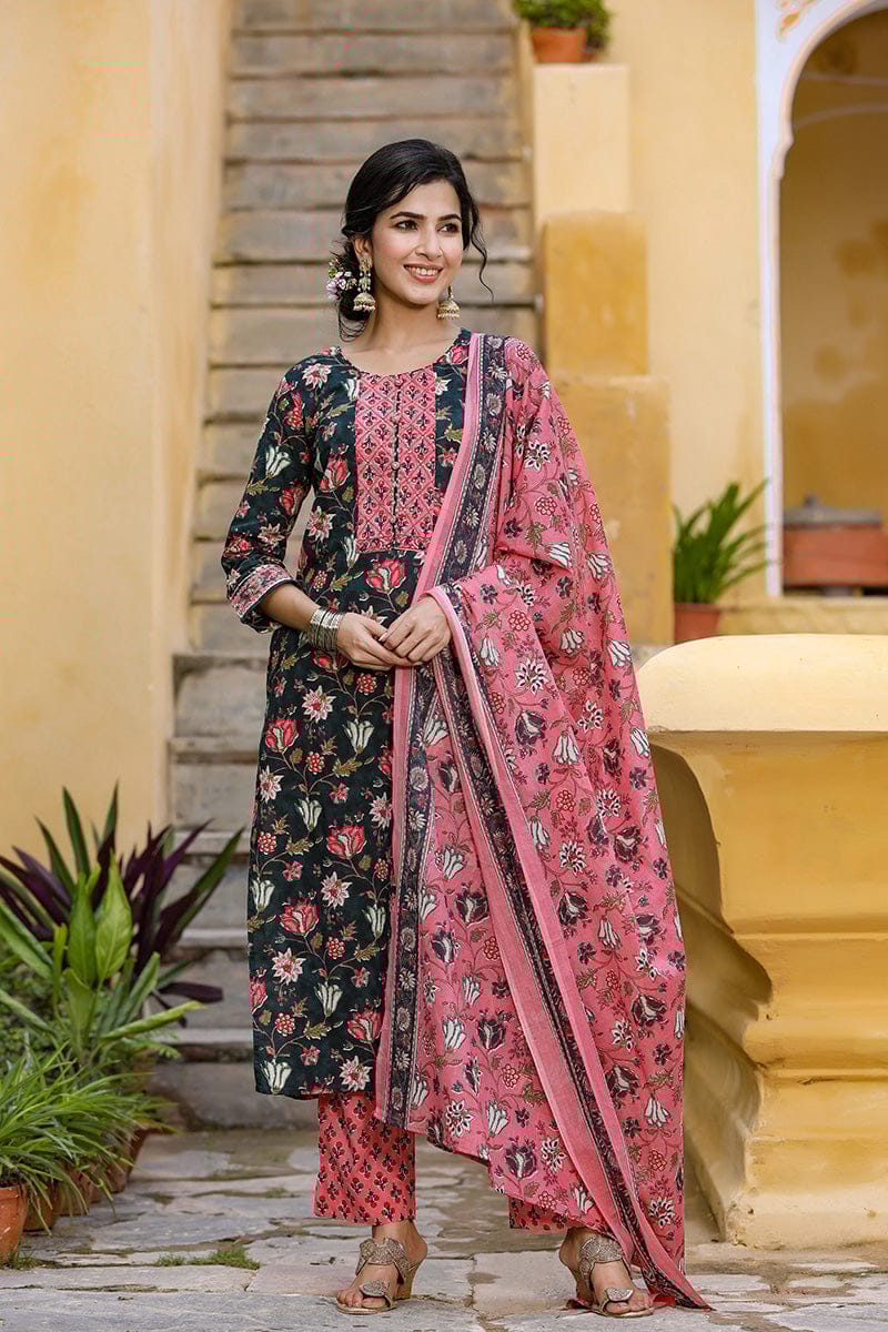 Teal Cotton Blend Suit Set VKSKD1233