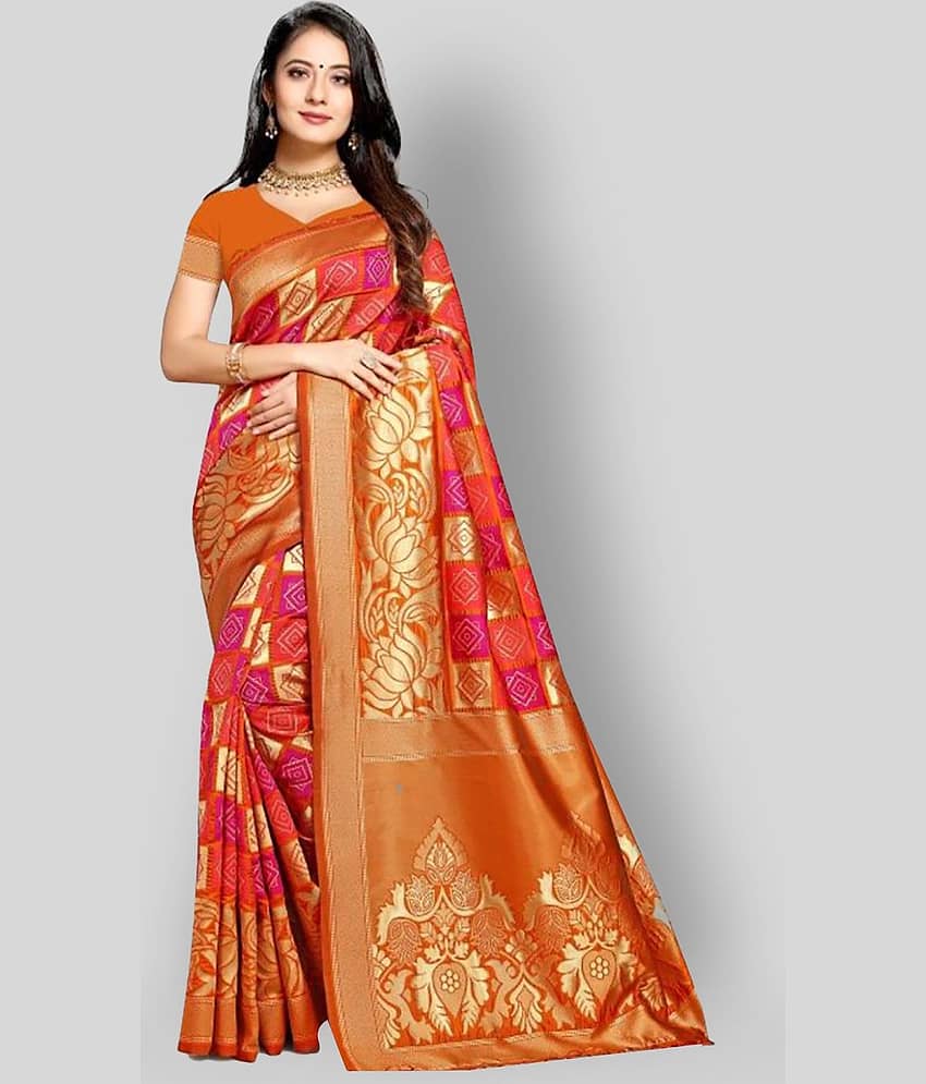 NENCY FASHION Banarasi Silk Saree With Unstitched Blouse Piece ( Orange )