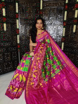 pure pochampally ikat Silk Saree Green Pink