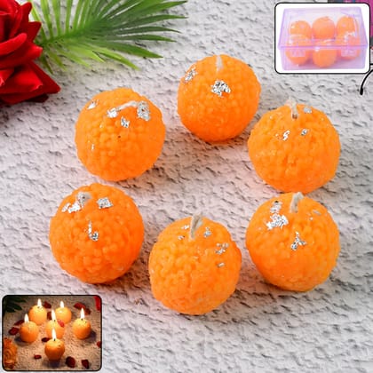 Set of 6 Laddu-Shaped Wax Candles with Silver Leaf Decoration
