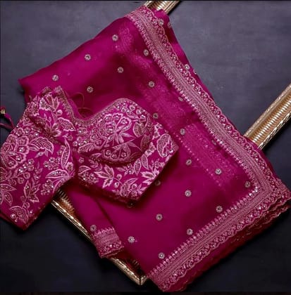Pansy Purple Organza Silk Saree with Heavy Embroidery Work  by SHIV TEXTILES