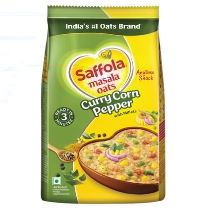 Saffola Masala Oats | 38g | Curry Corn Pepper | Tasty, Anytime Quick Snack | Ready In 3 Mins | Millets Goodness- With Ragi & Jowar | No Maida , No Added Preservatives | Oats Helps Manage Weight