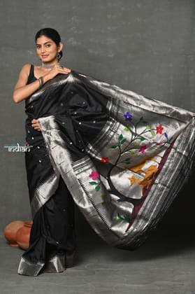 Tyohaar~Designed By VMI ~ Handloom Pure Silk Silver Zari Muniya Border with Exclusiive Deer Pallu in Black