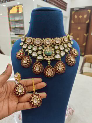 Maroon Heavy Polki Necklace Set with Intricate Detailing
