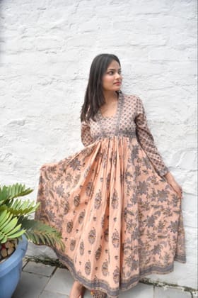 Hand Block Blush Floral Anarkali Kurta handblocked