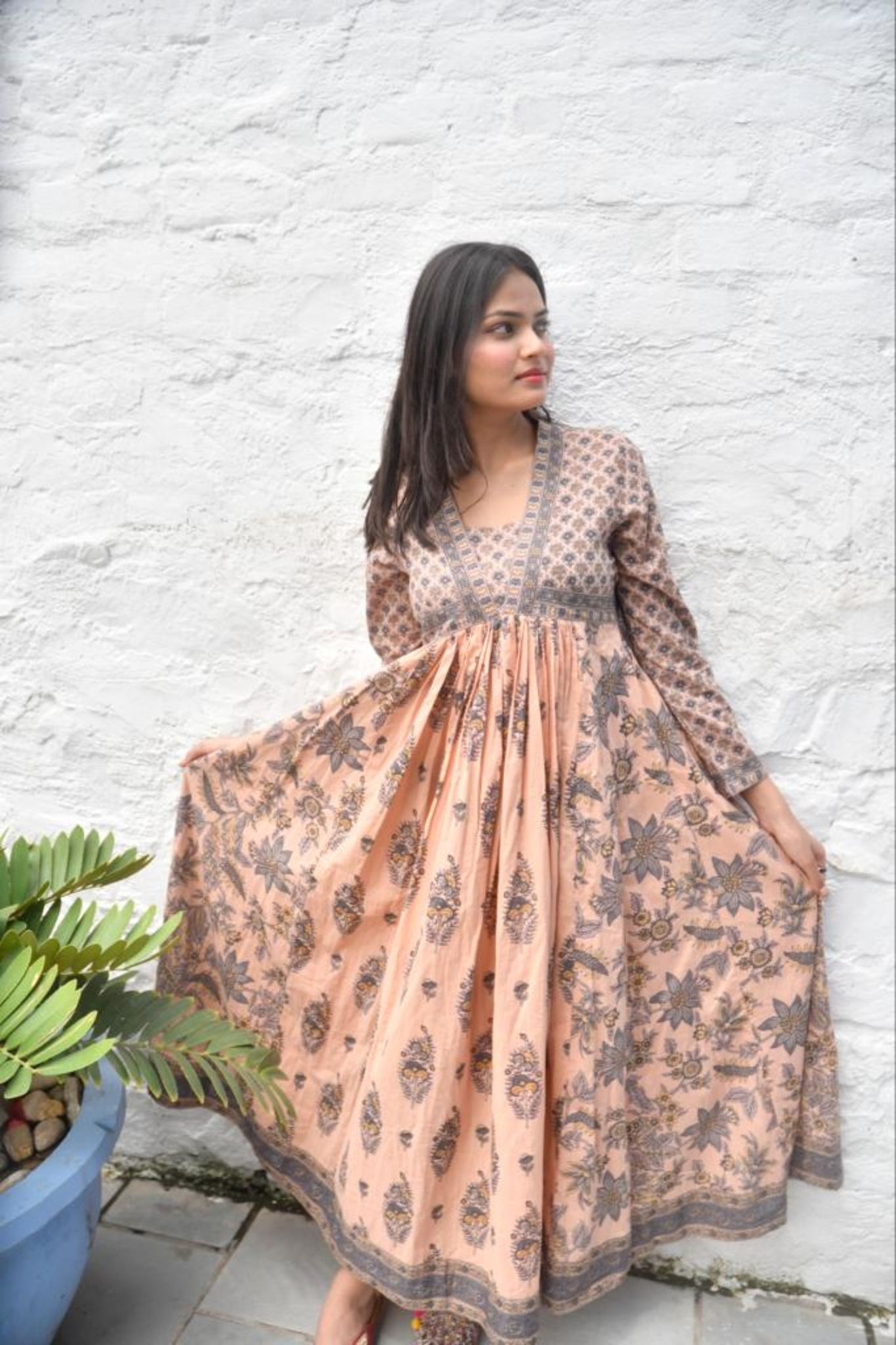 Hand Block Blush Floral Anarkali Kurta handblocked