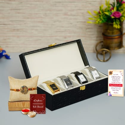 Designer Peacock Rakhi with Premium Rexine Watch Organizer Box with 4 Cushions and Roli Chawal Pack, Best Wishes Greeting Card