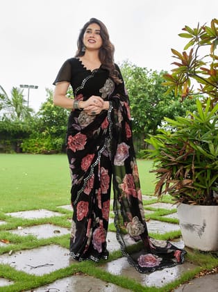 Floral Printed Georgette With Mirror Work Border