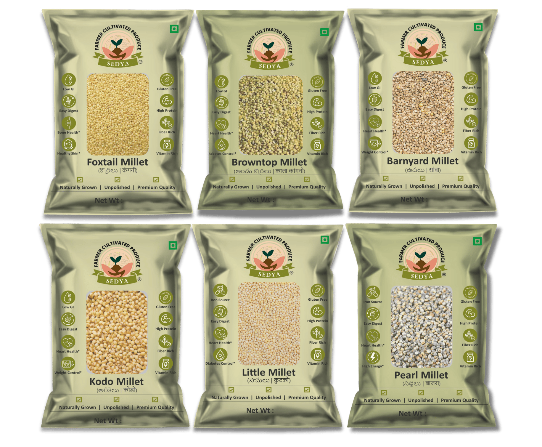 Sedya Six Millet Combo Whole Grains | Browntop, Barnyard, Foxtail, Pearl, Kodo & Little Millet | Certified Low GI | Korale / Udalu / Korralu / Sajje / Varagu / Samai | Gluten Free | Unpolished, Toasted, No Soaking Required | High Plant Protein & Fibre