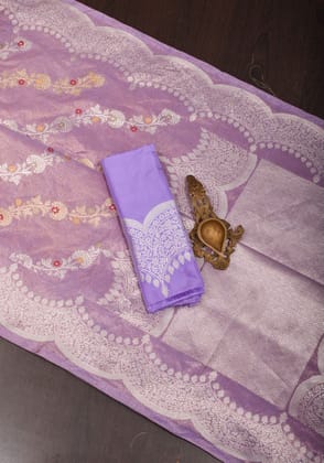 Dusty Lilac Meenakari Banarasi Tissue Katan Silk Saree with Leheria Design and Scallop Borders | SILK MARK CERTIFIED