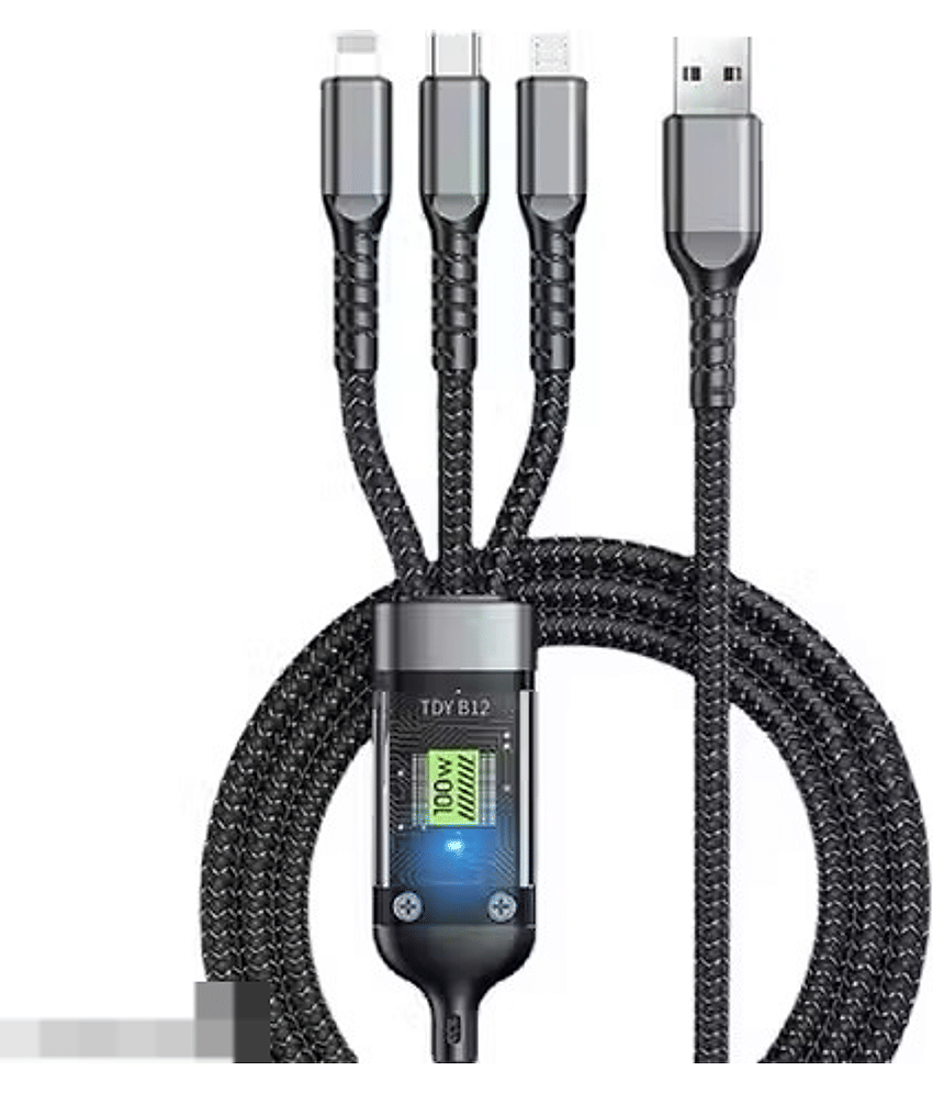 3 in 1 Unbreakable 5A(100W) Fast Charging 1.2m Type C Cable for Smartphones, Tablets, Laptops & other Type C IOS devices, 480Mbps Data Sync, Quick Charge 3.0 (Dark Grey)