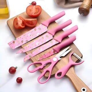 Kitchen Knife Set with Peeler and Scissors  6-Piece Nonstick Stainless Steel Knives with Cartoon Print for Women & Girls