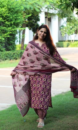 Cotton Earthy Pink Vanaspati Suit Set with Afgani Pants & Cotton Dupatta-XXS