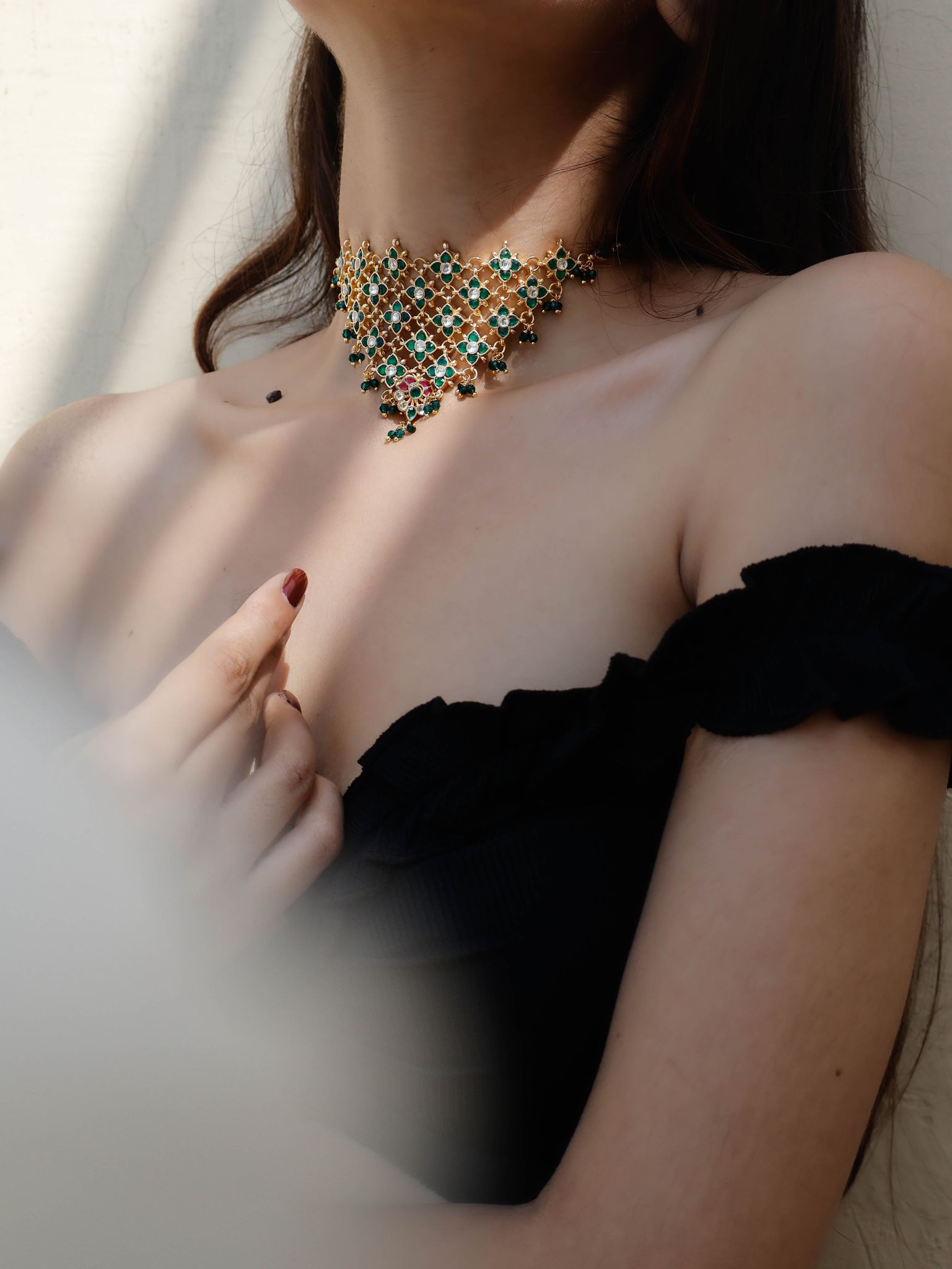 Mizaz Green Kundan Choker Necklace-Green