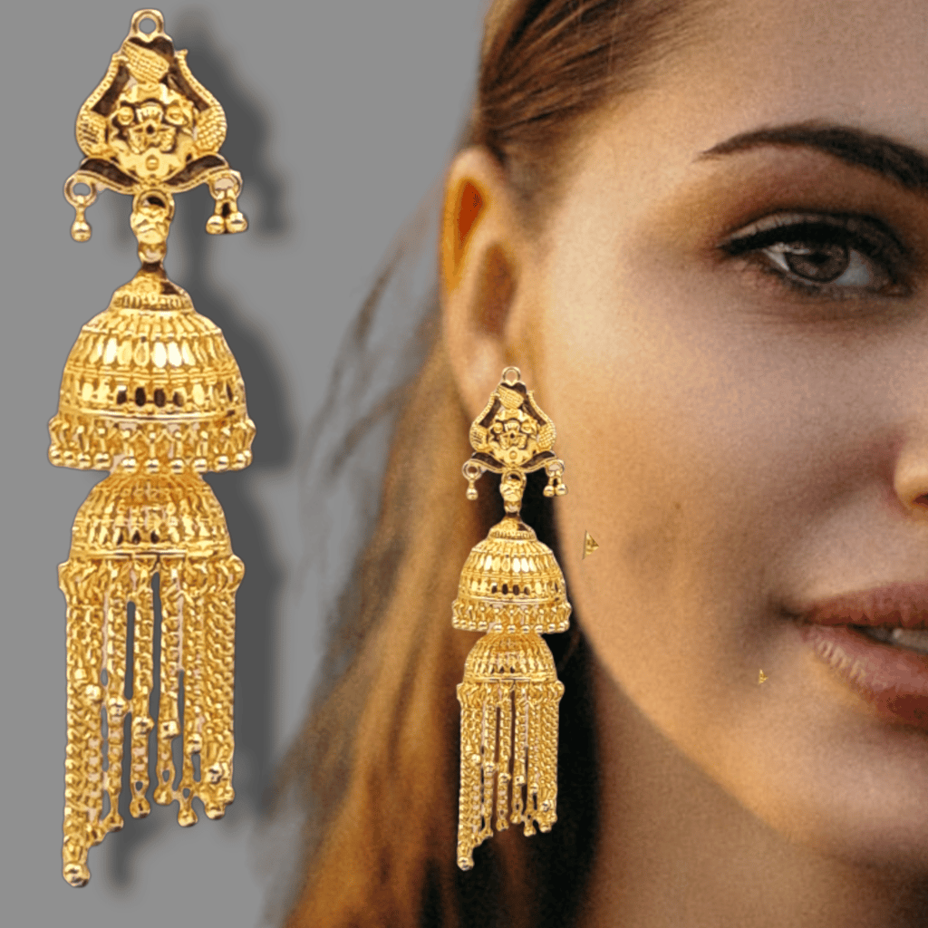 Opulent Gold-Plated Double Curtain Jhumka Earrings – Traditional Indian Bridal Jewelry for Special Occasions