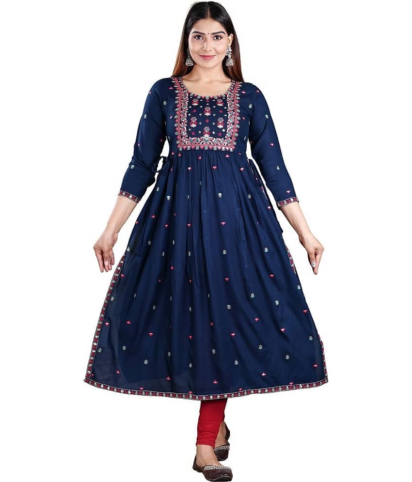 P PRIYA FASHION - Blue Rayon Women's Nayra Kurti ( Pack of 1 )