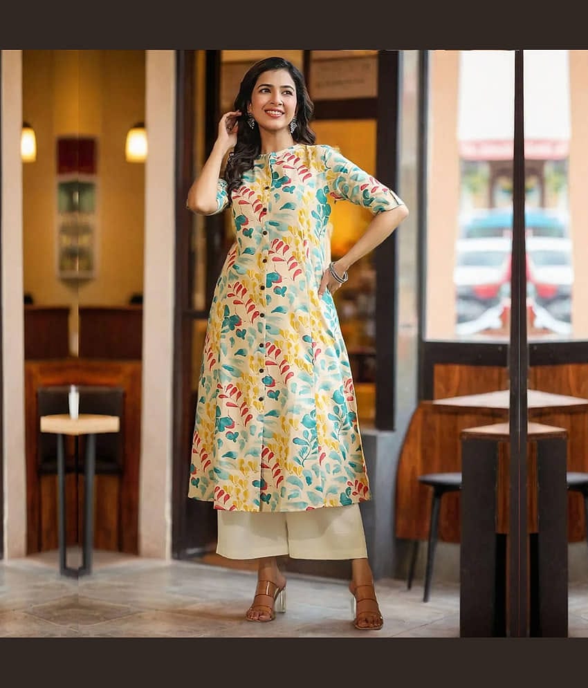 AMIRA'S INDIAN ETHNICWEAR Cotton Printed A-line Women's Kurti - Beige ( Pack of 1 )