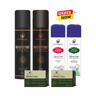 Greenblsum Face  Body Care Combo Pack (4 Items) Rock stone Pure Gold, Desire Talcum Powder Rose and neem tulsi 2 Soap