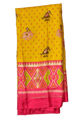 Elegant Yellow and Pink Silk Saree with Elephant and Floral Designs
