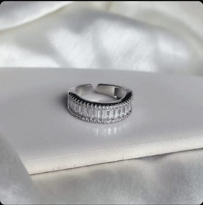 Luxurious Adjustable Silver Band Ring with Baguette and Round CZ Stones