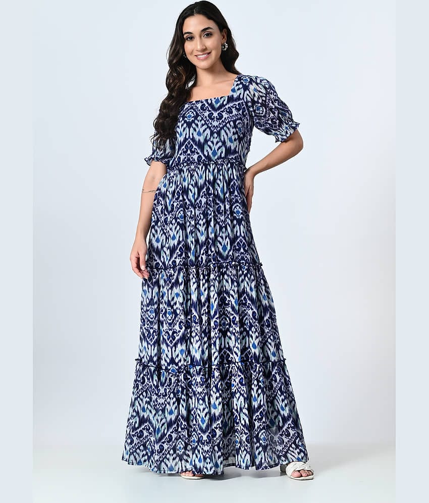 ALL WAYS YOU Georgette Printed Full Length Women's Fit & Flare Dress - Blue ( Pack of 1 )