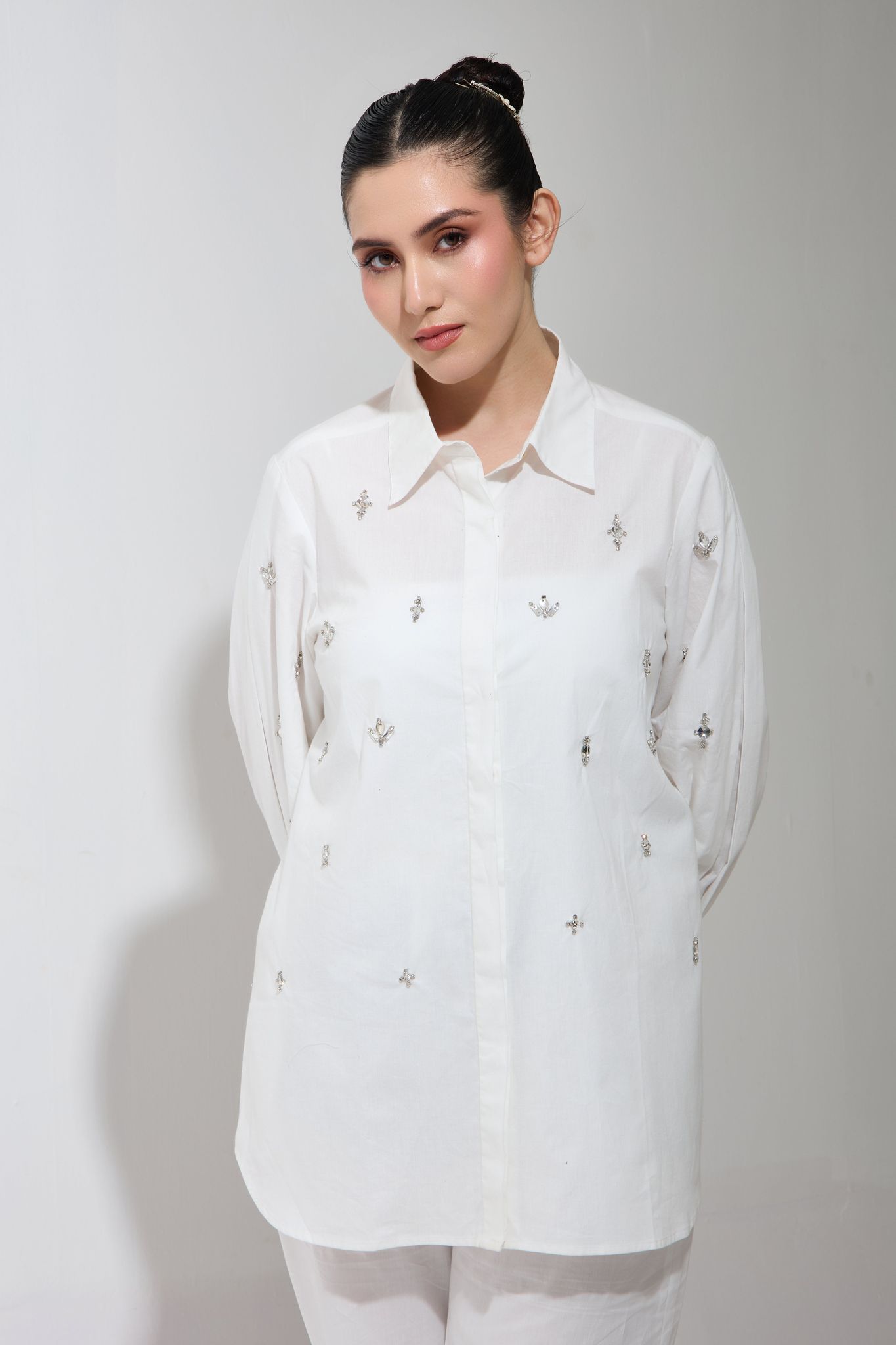 lulu swarovski formal cotton shirt-White / Cotton / XXS