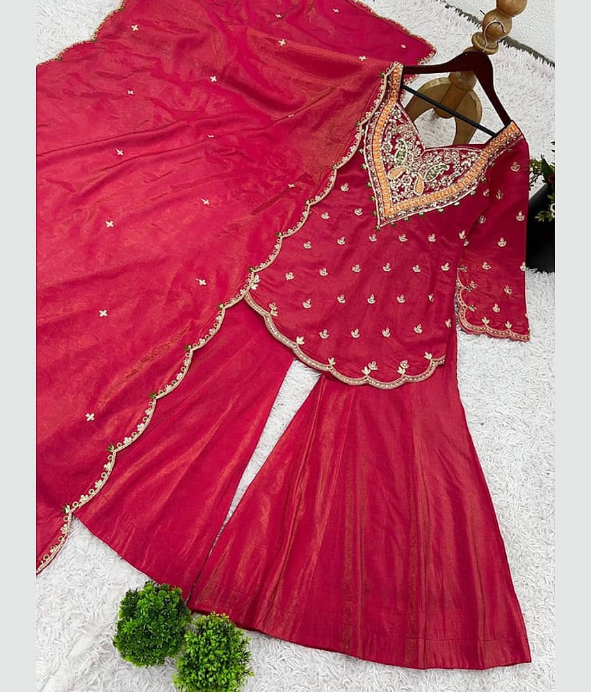 YASHASVI ENTERPRISE Women Silk Embroidered Ethnic Motifs Kurti With Alladin Salwar ( Pink )