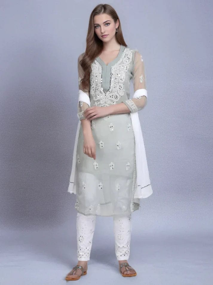 Grey Mirror Handmade Chikankari Kurti Set-36-XS