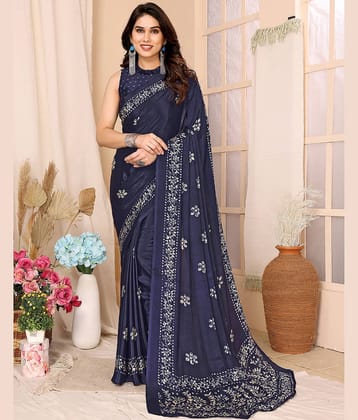 Yashika Silk Blend Printed Saree With Unstitched Blouse Piece ( Navy Blue )