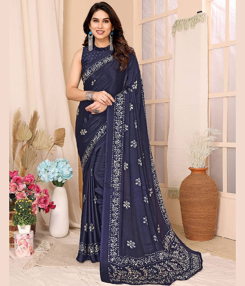 Yashika Silk Blend Printed Saree With Unstitched Blouse Piece ( Navy Blue )