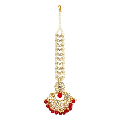 Red Color Kundan Maang Tikka-Length: 19.00 CM x Width: 4.00 CM / Red / Alloy With Good Quality Gold Plated