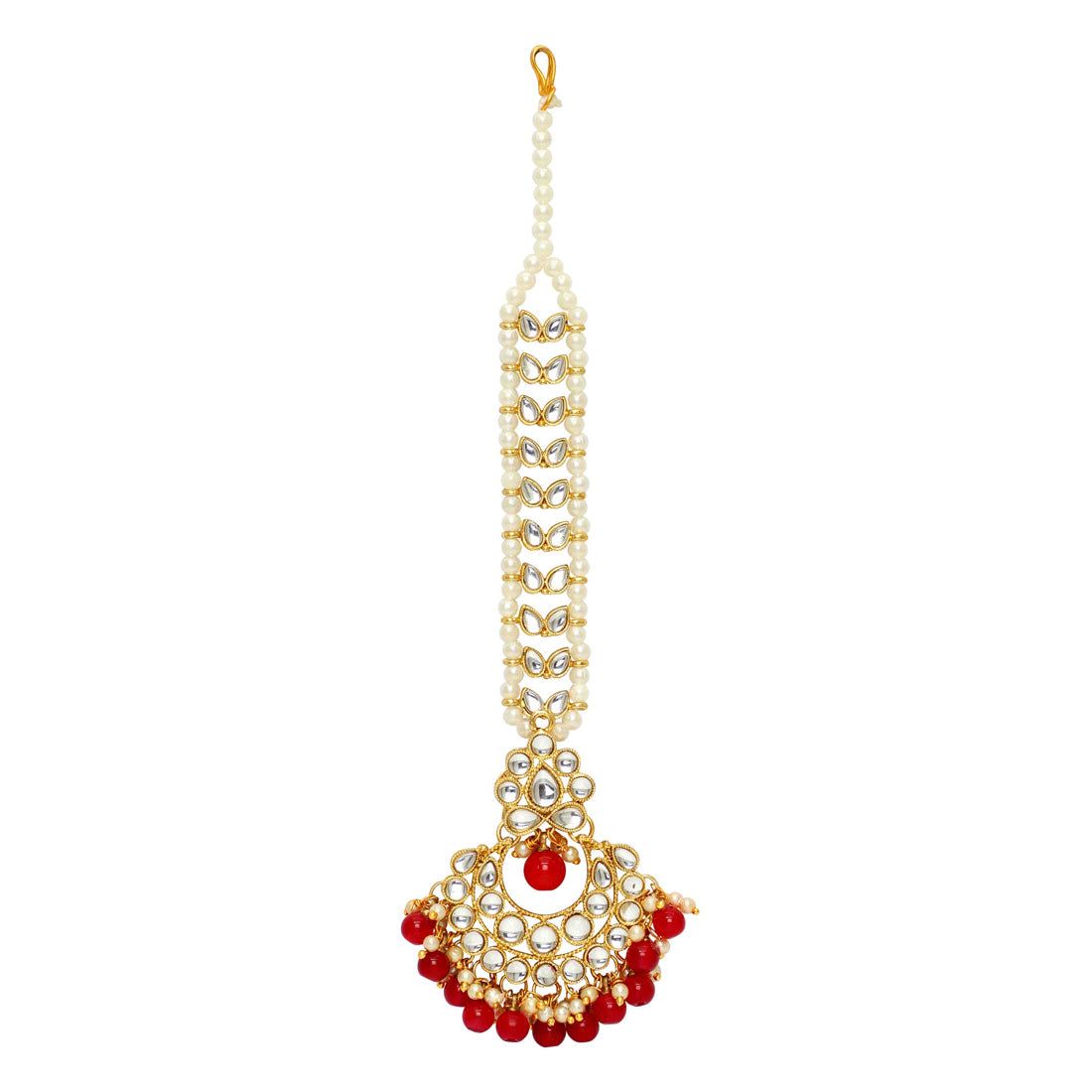 Red Color Kundan Maang Tikka-Length: 19.00 CM x Width: 4.00 CM / Red / Alloy With Good Quality Gold Plated