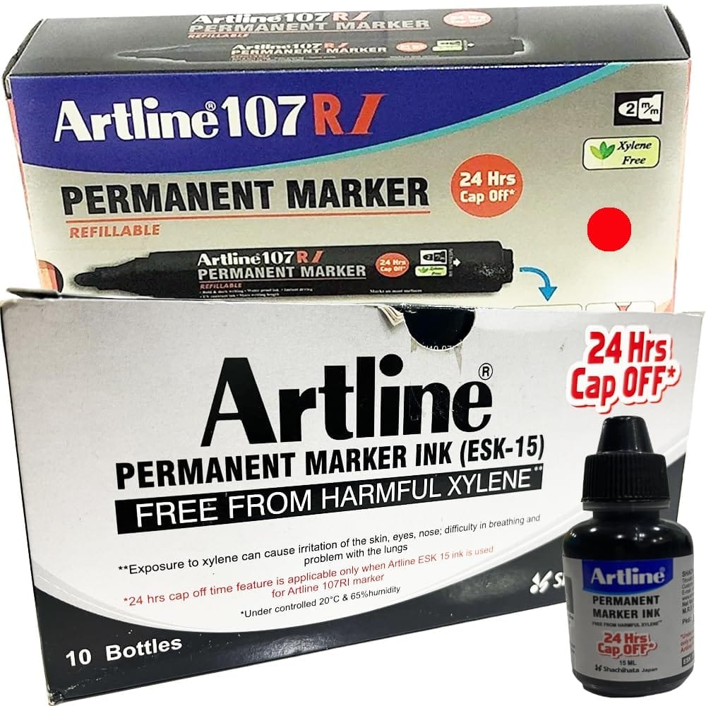 Artline 107RI Permanent Marker with ESK 15 Refillable Ink Pack of 10 (Red Colour) | For Artists, Professionals, & Students