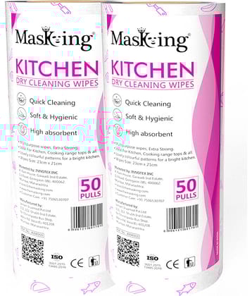 Masking Non-Woven Reusable & Washable Multi Surface Cleaner Wipes Kitchen Dry Roll 23x21cm, 160 Pulls Pink 358 g Pack of 2